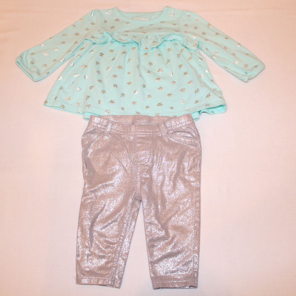 Girls top and bottom/ 3/6m/ blue top&silver pants